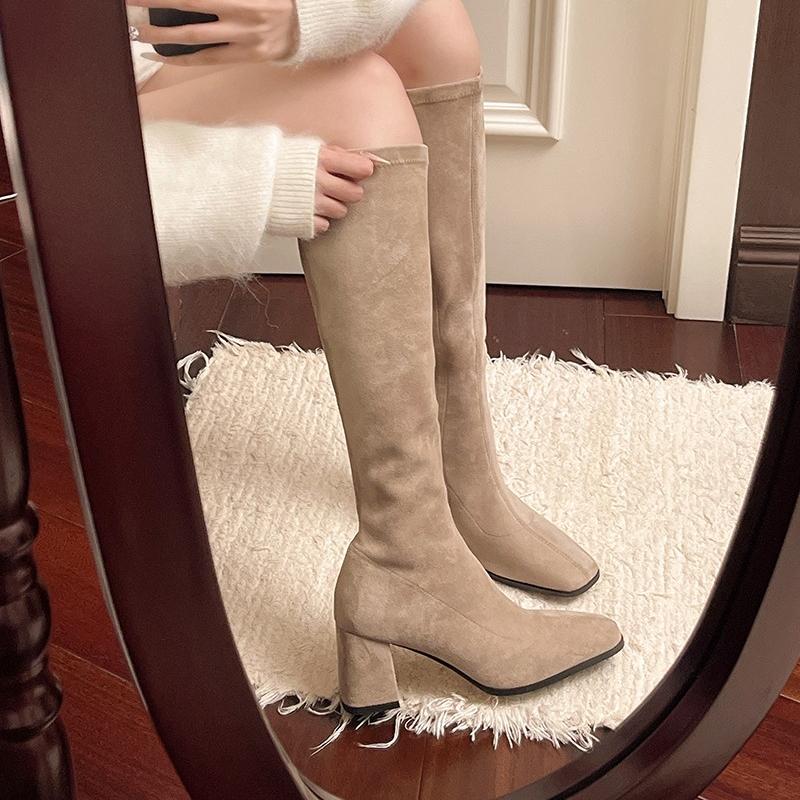 2025 Women Boots Autumn Winter Elastic Slimming Knee-High Boots Fashion Square Toe Thick Heel Shoes for Women Casual Boots
