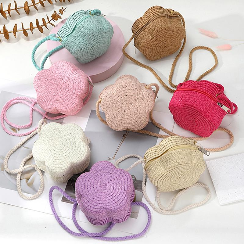 Handmade Kids Girls Shoulder Bag Flower Straw Baby Bags Messenger Bag Children Keys Coin Purse Cute Princess Mini Handbag