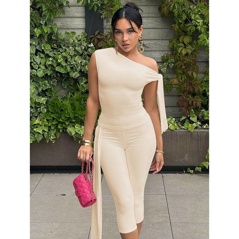 Slant Collar Top Slim Fit Pants Set Diagonal Collar Sexy Top Slim-Fit Pants Suit