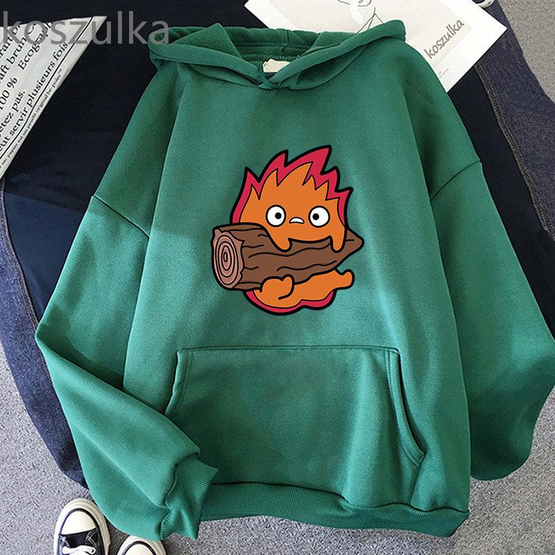 Howl's Moving Castle Calcifer Hettegensere Løs Fleece Hettegenser Tegneserie Calcifer Vintage Pullovers Gensere Vinter Dame Streetwear