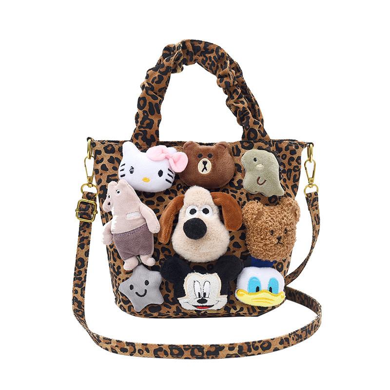 Ielgy Cute Plush Muppet Handbag Autumn Winter Leopard Print Bucket Bag Large Capacity Casual One Shoulder