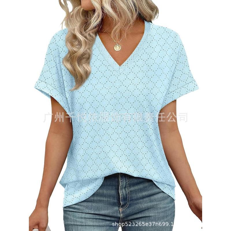 VEZFAA Camicette e camicie con scollo a V a maniche corte con stampa tinta unita primavera estate casual alla moda da donna