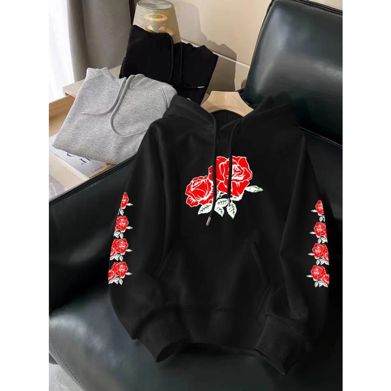 Rose Printed Hooded Men Women Hoodies Plus Size Fashion Sweatshirt Harajuku Long Sleeve Unisex Streetwear Tops