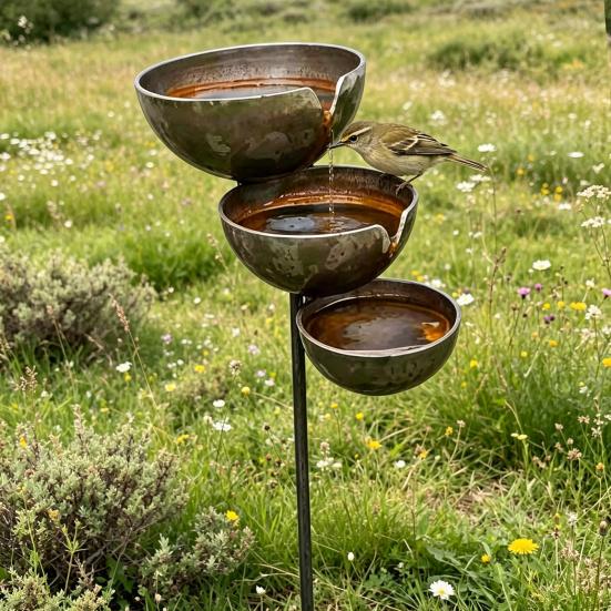 Metal Bird Bath Rustic Vintage Rain Catcher Garden Stake with 3-Tiered Bath Bowls Outdoor Bee Watering Station for Outside