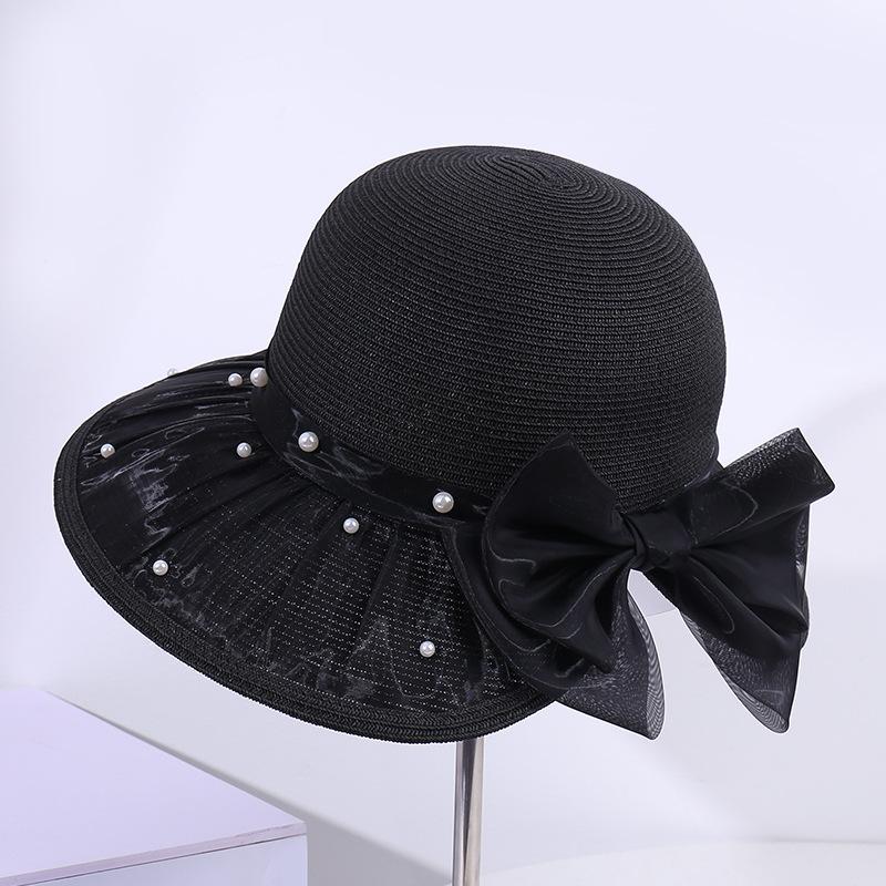 Summer large brim pearl decorative bow straw hat women's fashion outdoor travel vacation sun hat