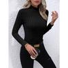 Solid Color Faux Neck Ribbed T-Shirt, Elegant Long Sleeve Slim Fit Hundred Tops for Women