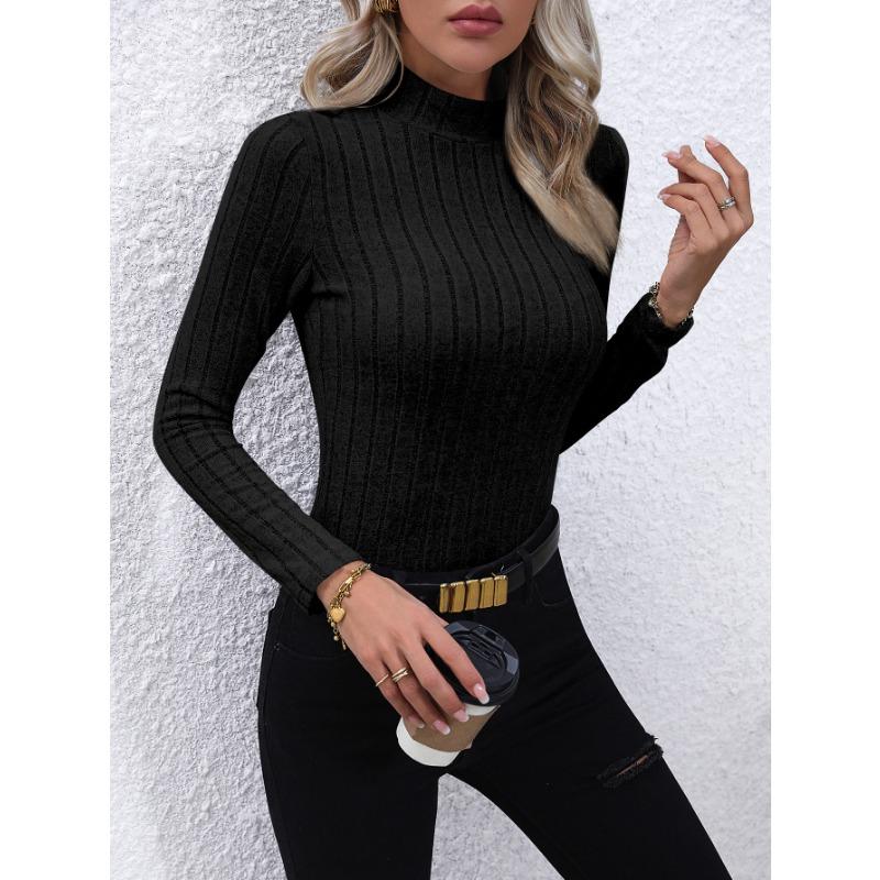 Solid Color Faux Neck Ribbed T-Shirt, Elegant Long Sleeve Slim Fit Hundred Tops for Women
