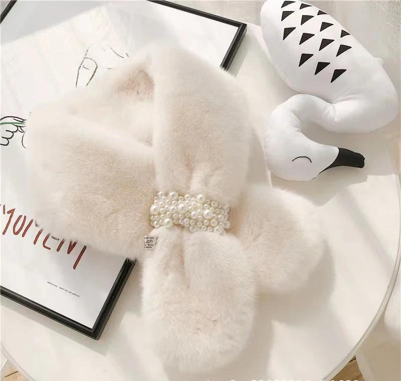 Pearl Scarf Winter New Style Thickened Korean Version of Cross-warmingwool Wool Rabbit-like Neck Collar
