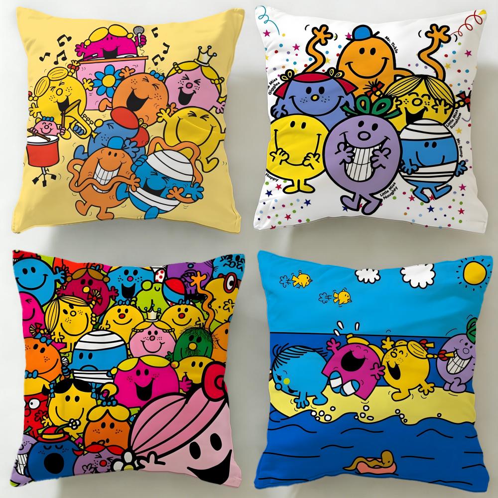 Jessica Chen Unisex Cartoon Mr. Men And Little Miss Cushion Cover Soft & Easy-Wash Pillow Case – Versatile For Couch, Bed, Travel And Office