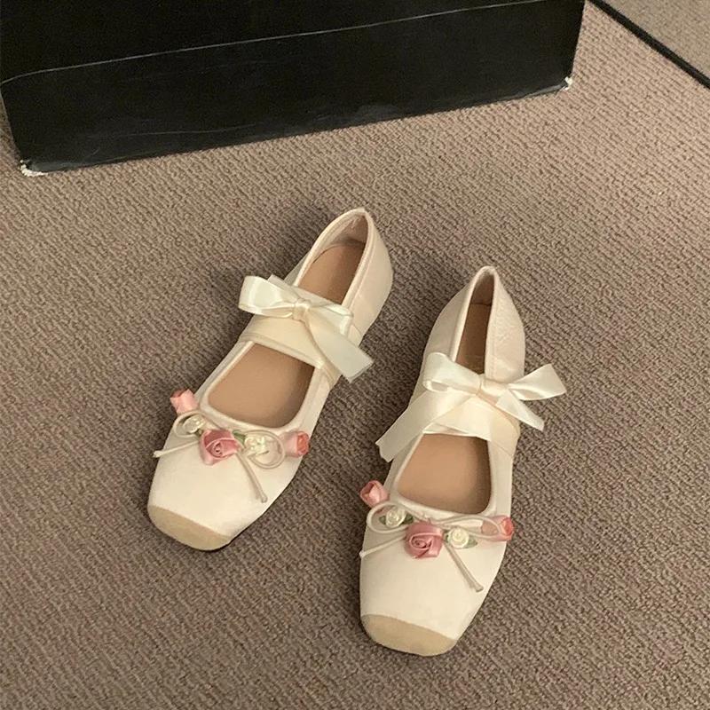 New Women Bow Tie Cross Ballet Flats Shallow Female Sweet Dancing Mary Jane Square Toe Ladies Single Shoe Party Outside
