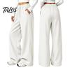 Wrinkle Resistant Casual Pants Women Wide Leg for Fall Winter, Drawstring Elastic Waist Loose Fit Trousers, Solid Color Straight Legs Trousers