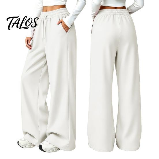 Wrinkle Resistant Casual Pants Women Wide Leg for Fall Winter, Drawstring Elastic Waist Loose Fit Trousers, Solid Color Straight Legs Trousers