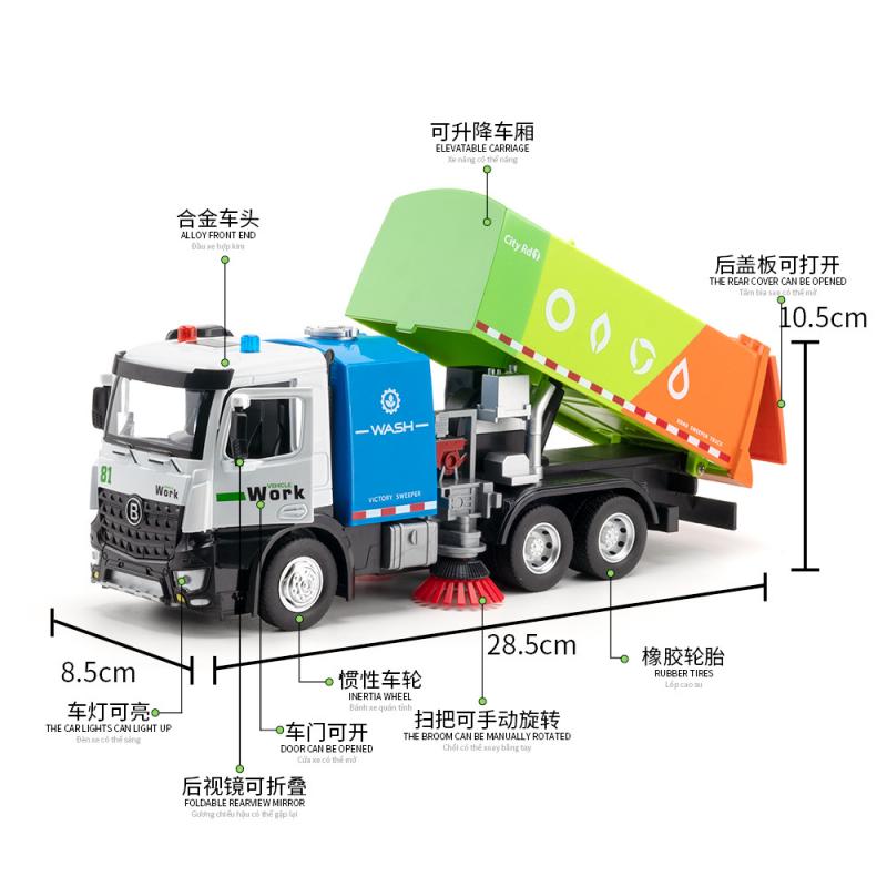 1:24 Scale Die-Cast Material Water Sprinkler and Sweeper Vehicle Model Realistic Sanitation Vehicle Toy with Sound and Light Effects Children's Toy