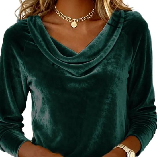 Women Tops Swing Collar Long Sleeve Velvety Fabric Solid Color Pullover Tops Golden Velvet Casual Blouse Office Date Wear