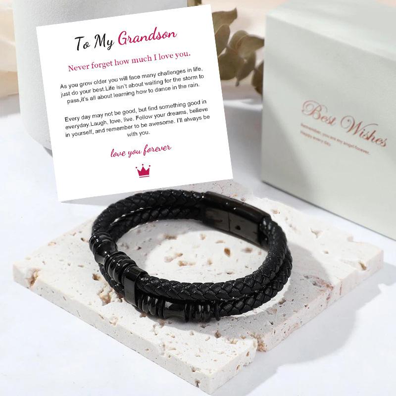 Leather rope bracelet cowhide men's double-layer stainless steel leather woven bracelet handmade multi-layer bracelet