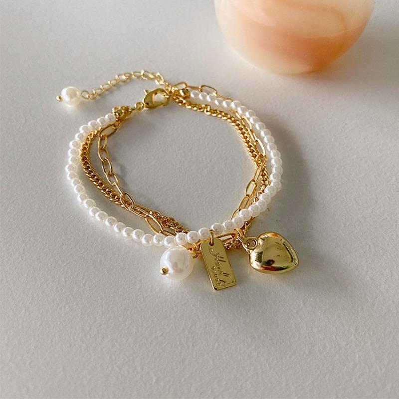 French Retro Temperament Versatile Fashion Personality Multi-layer Stacked Metal Chain, Pearl Love Bracelet, Female Cold Wind