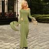 European and American women's clothing autumn new solid color round neck long sleeve long dress hollow strap slim dress women
