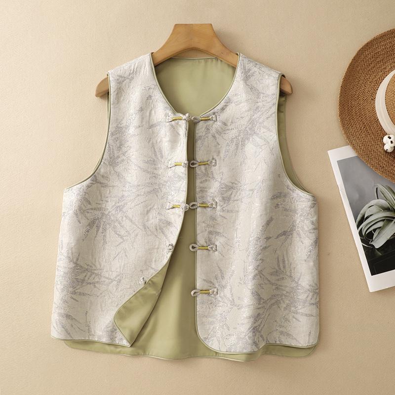 High-End Zen Style Women's Chinese Vest - Autumn Lightweight, Plus Size, Frog Button Design