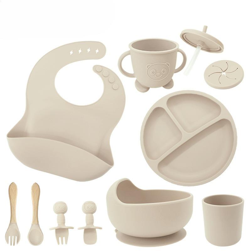 Children's silicone feeding tableware set, with suction cups on the bottom, 10 pieces