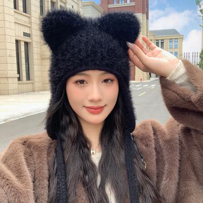 Hat Female Funny Ears Solid Color Knitted Wool Cap Winter Warm Plush Ear Cap Thick