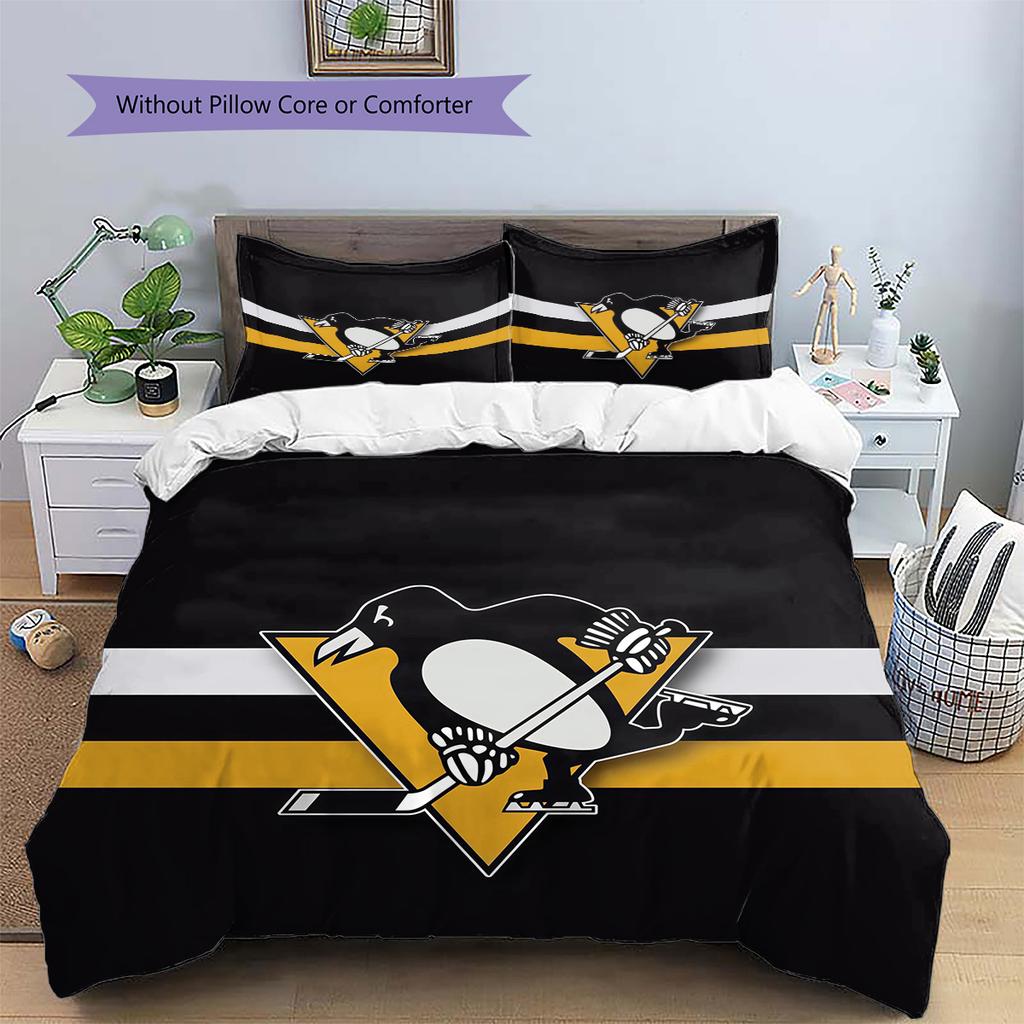 Pittsburgh Penguins Pattern Bedding Quilt Set  Home Decoration  Gift (1 * duvet cover + 2 * pillowcase  without core)