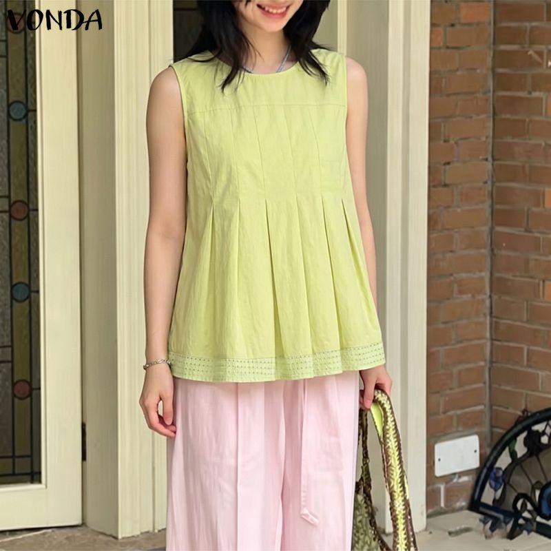 VONDA Women Summer Sleeveless Splicing Hem Ruffled Casual Tank Tops