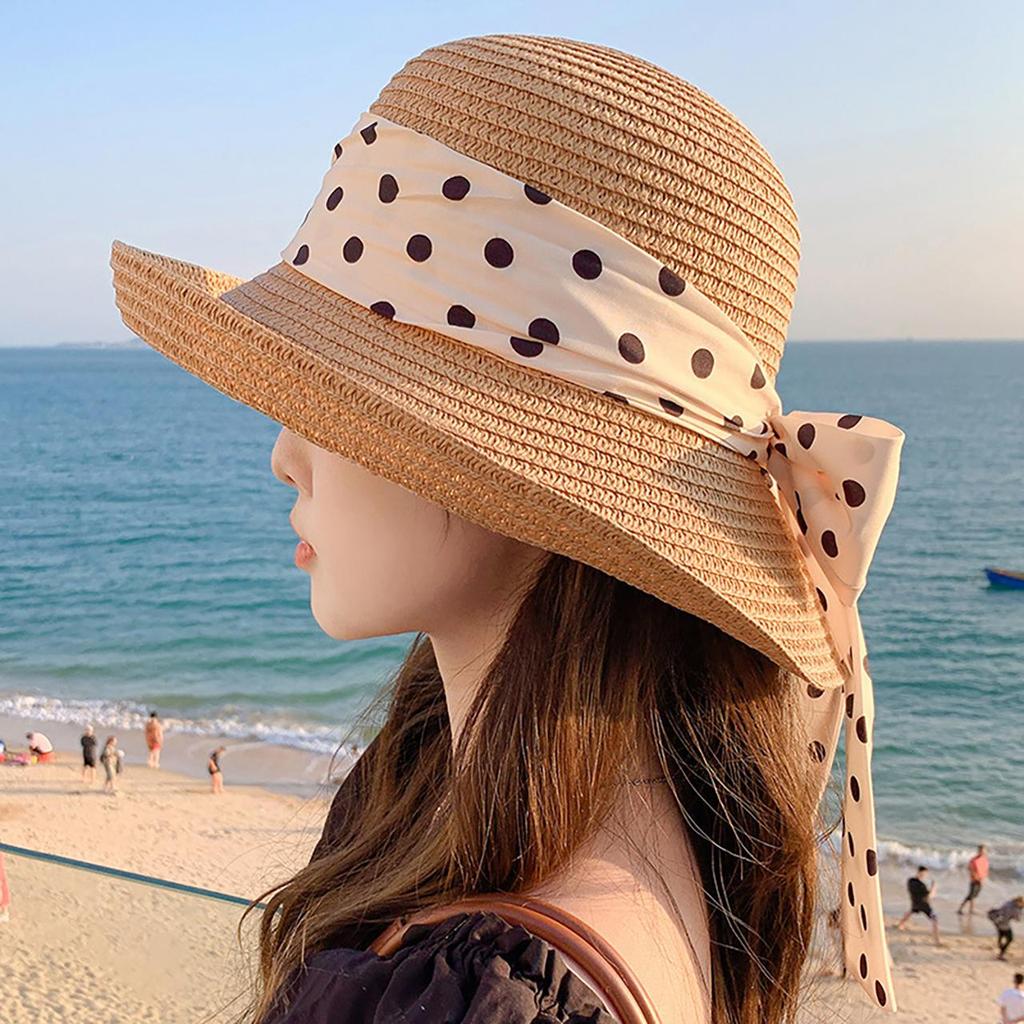 Summer Polka Dot Ribbon Straw Hat for Women Elegant Curled Brim Sunscreen Fisherman Cap Lady Girl Beach Travel Visor Panama Hats