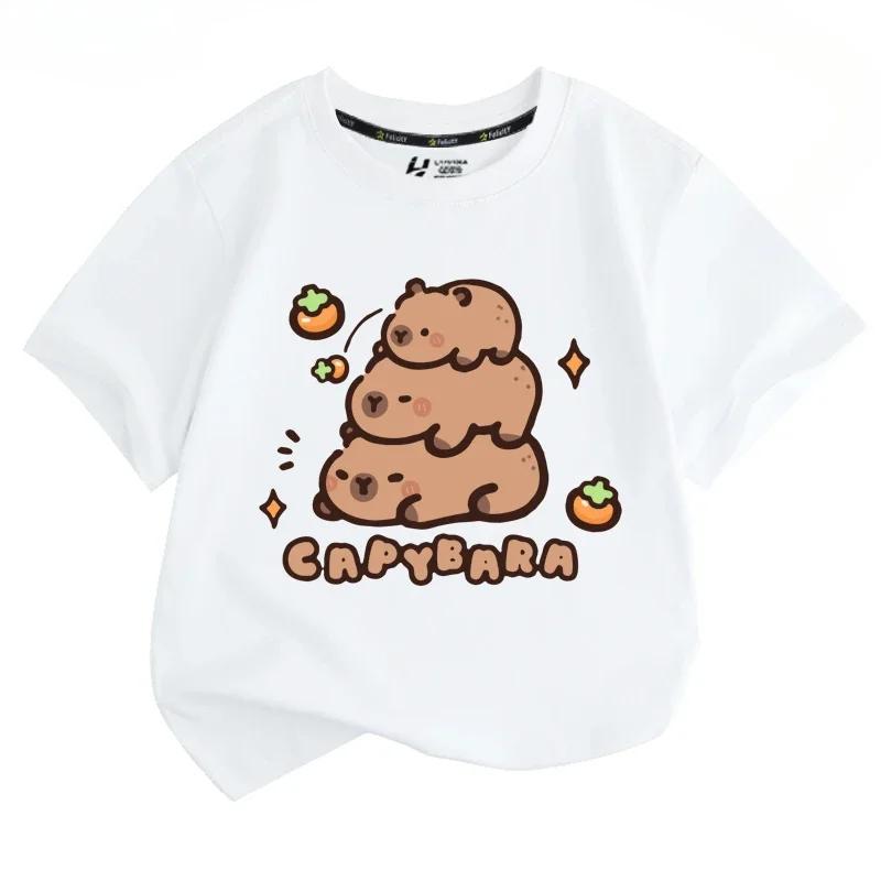 Capibala Cartoon Capybara King Cute Peripheral Short Sleeved T-shirt for Male and Female Students Short Sleeved