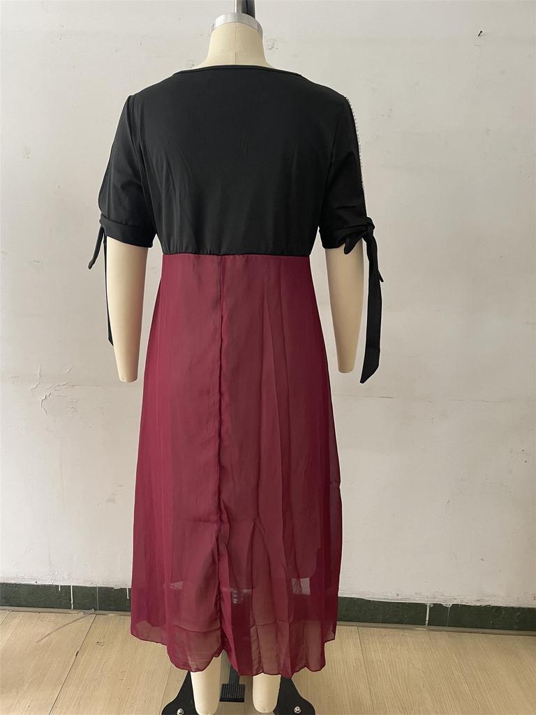 2025 Spring/Summer Women's Plus Size V-Neck Patchwork Short Sleeve Two-Piece Irregular Dress