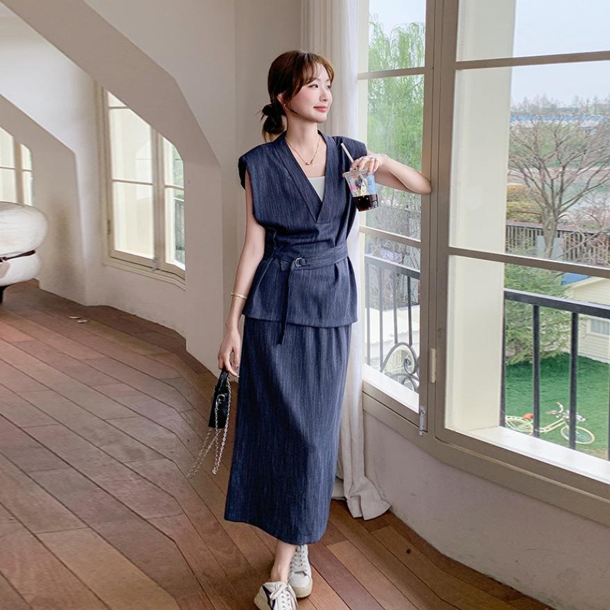 

Синий костюм-жилет свободного кроя в стиле old money, юбка, женский летний новый темпераментный комплект из двух предметов XL