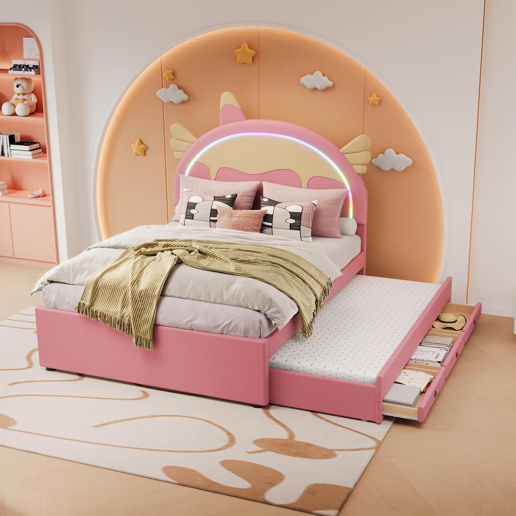 Kinderbett 140x200cm mit LED-Licht, Schlafsofa Tagesbett mit Ausziehbett & Schubladen, Ohne Matratze