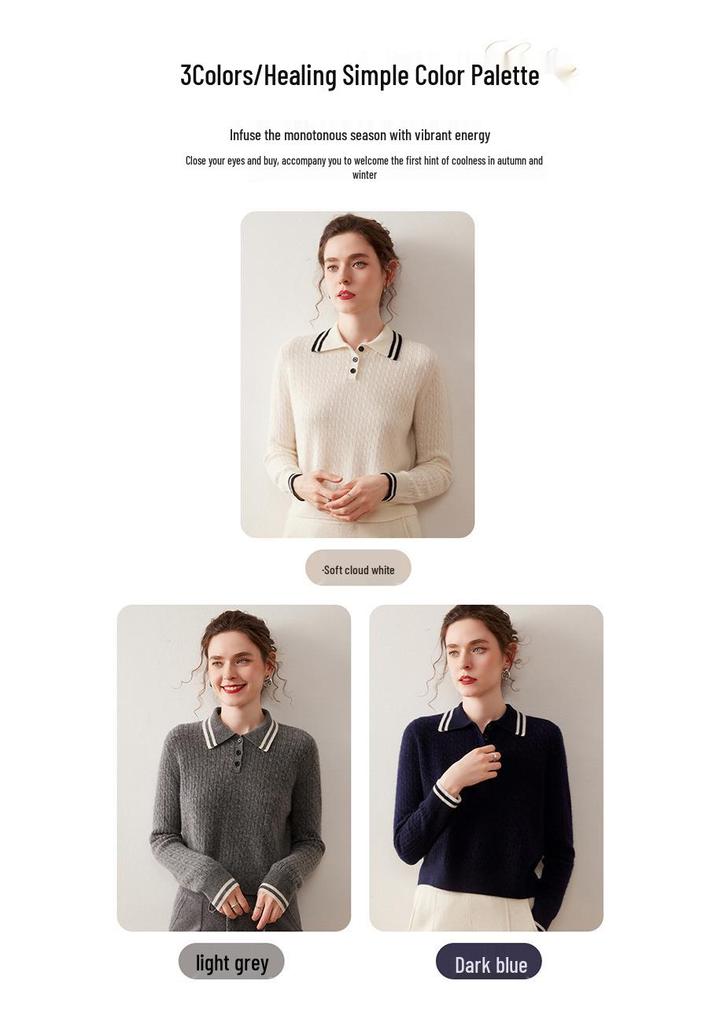 Women's Contrast Color Cashmere Polo Neck Sweater - Autumn & Winter Collection