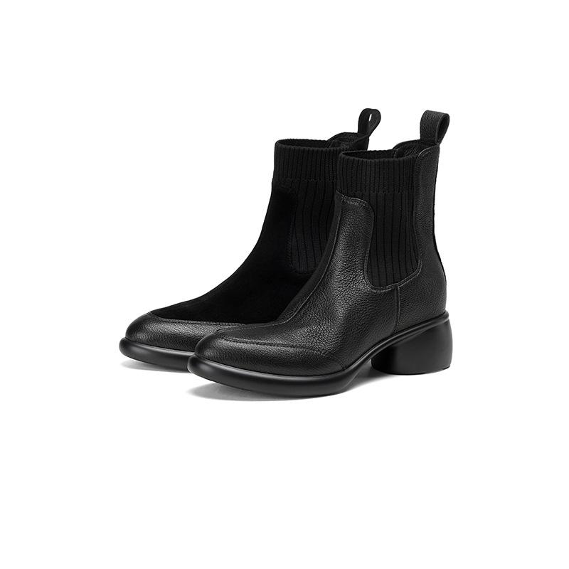 British retro leather Martin boots women's 2025 autumn and winter new thin boots thick heel thin pointed knitted short boots