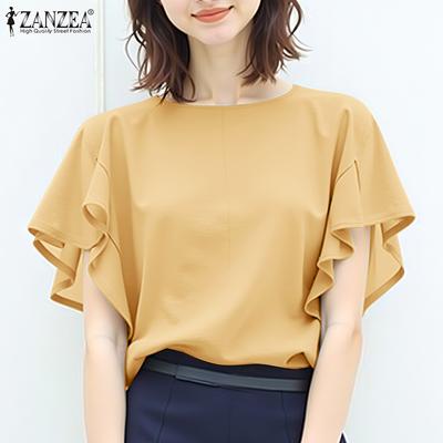 Women Casual Round Neck Ruffles Short Sleeve Loose Blouse