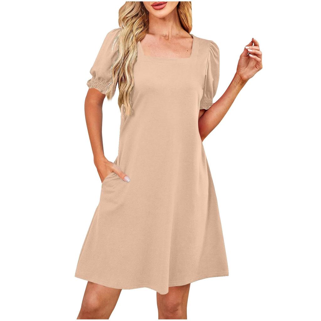 Damenmode Lässig Quadratischer Ausschnitt Farbe Kurzarm Kleid