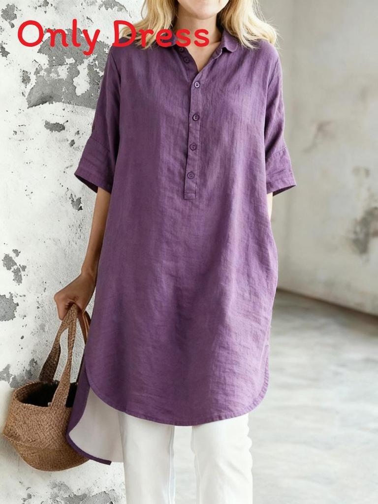 Cotton Linen Casual Dress With Pique Stitch For Summer Leisure Wear For Middleaged Women