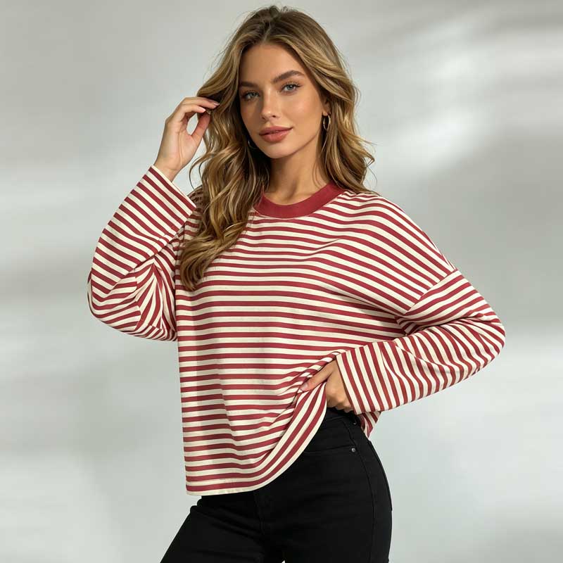 Round Neck Classic Women's Striped T-shirt Long Sleeve Fashion New Tops Spring and Autumn Streetwear Elegant Loose Casual Simple Retro Tee Shirts