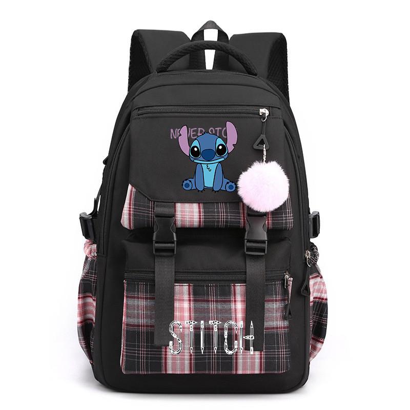 Cute Girl Backpack For School With Stitch Print And Checkered Patchwork Design For Middle School Students