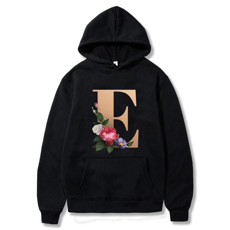 A B C D E English Alphabet Printed Female Hoodie Women New Autunm Couples Lovers Long Sleeve Hoody Harajuku Casual Black Tops