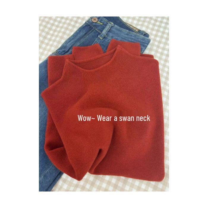 Women's Elegant Korean Style Half High Neck Knitted Sweater, Solid Color Pullover, Long Sleeve, Intellectual and Classy Temperament.