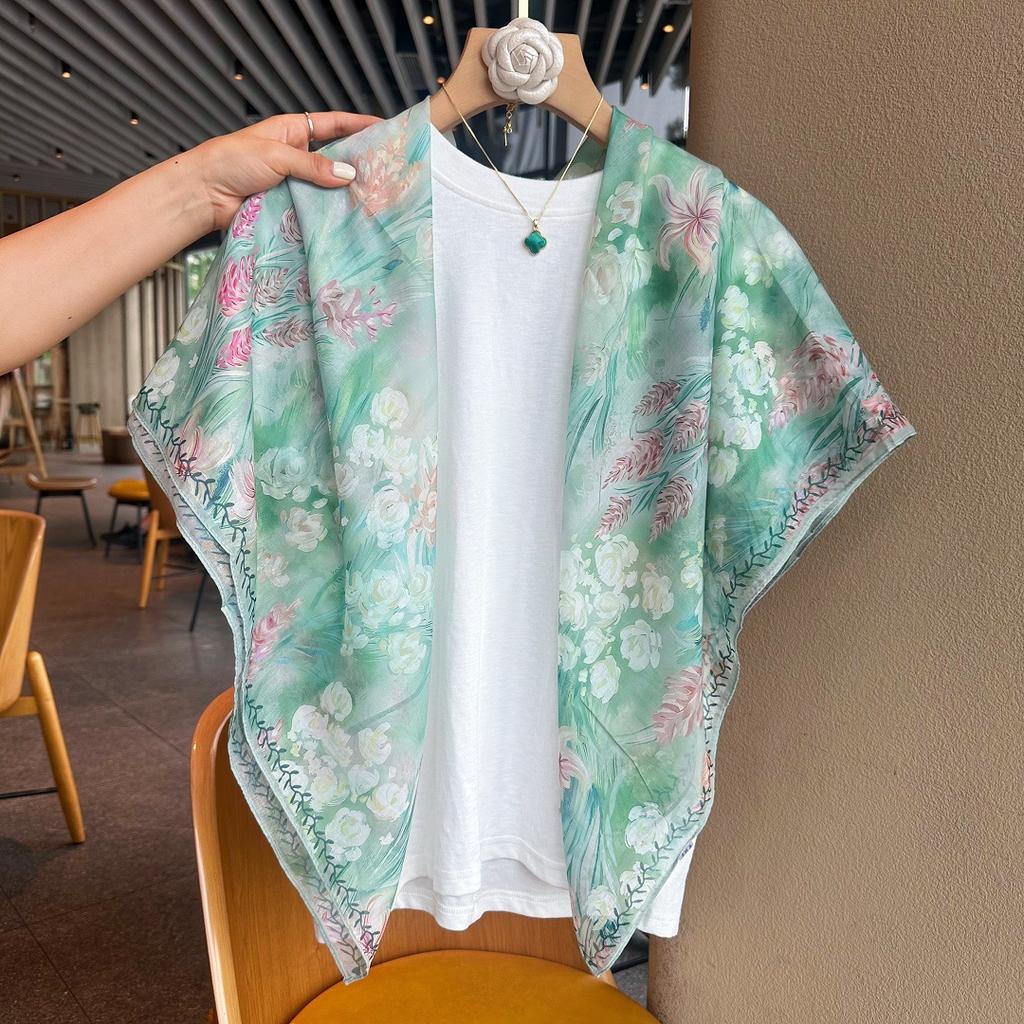 X110cm Floral Printed Square Scarf For Travel Sun Protection Air Conditioning Shawl