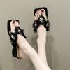 Fashion Temperament Square Toe Block Heel Slippers Summer New Open Toe Cross Strap Flower Non-Slip Kitten Heel Shoes