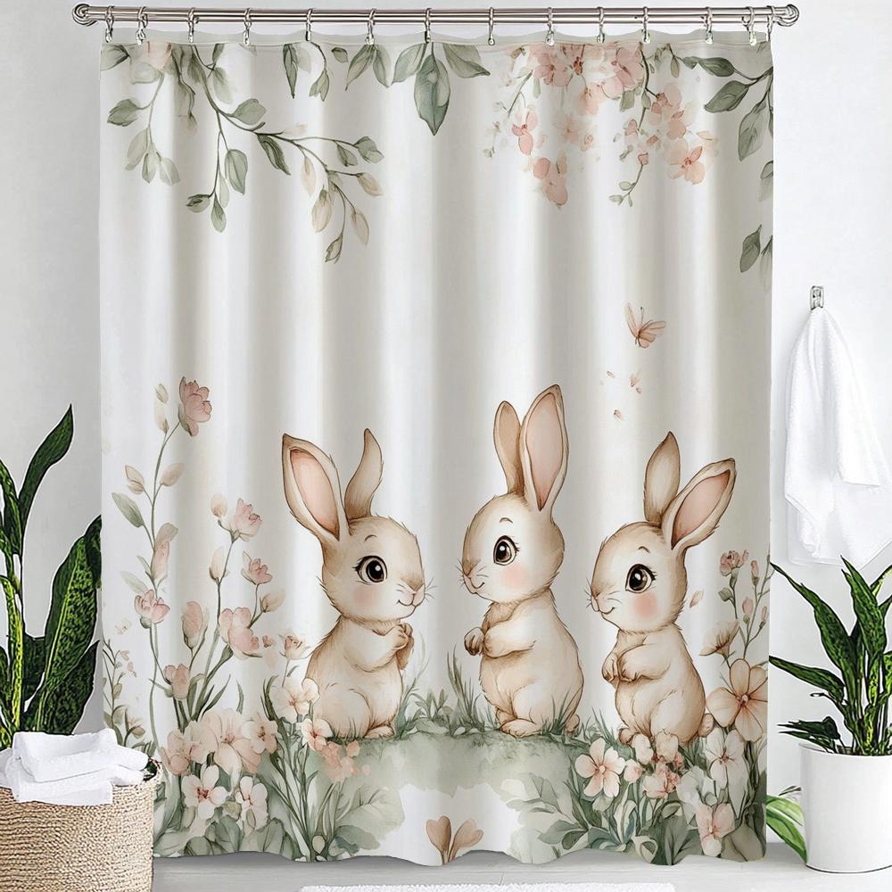 1pc Cute Rabbit Cheerful Shower Curtain, Flower Plant Print Waterproof Shower Partition Privacy Hanging Curtain with Hooks