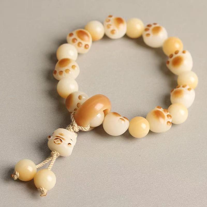 Women's Natural White Jade Charcoal-Grilled Bodhi Root Cat Paw Bracelet with Finger-Wrapped Prayer Beads
