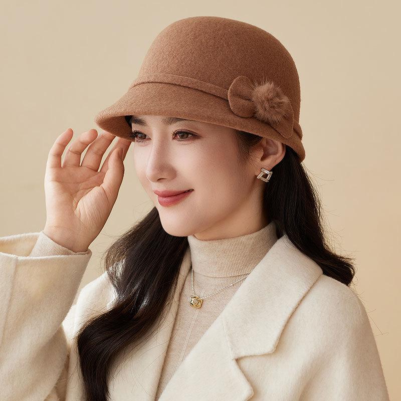 Autumn and Winter Basin Hat Retro Hepburn Style Bow Bucket Hat Ladies Elegant Woolen Fashion Basin Hat