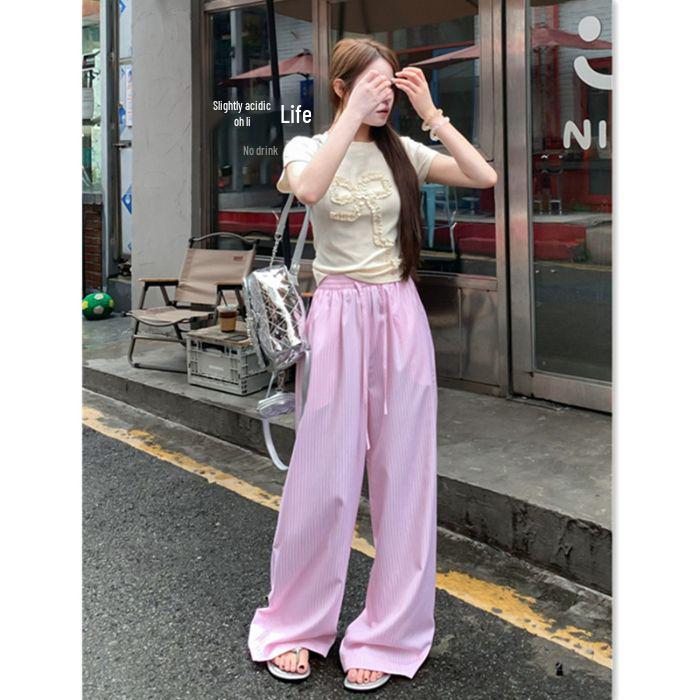 Korean Style High Waist Striped Wide-Leg Pants for Women - Spring & Autumn 2025