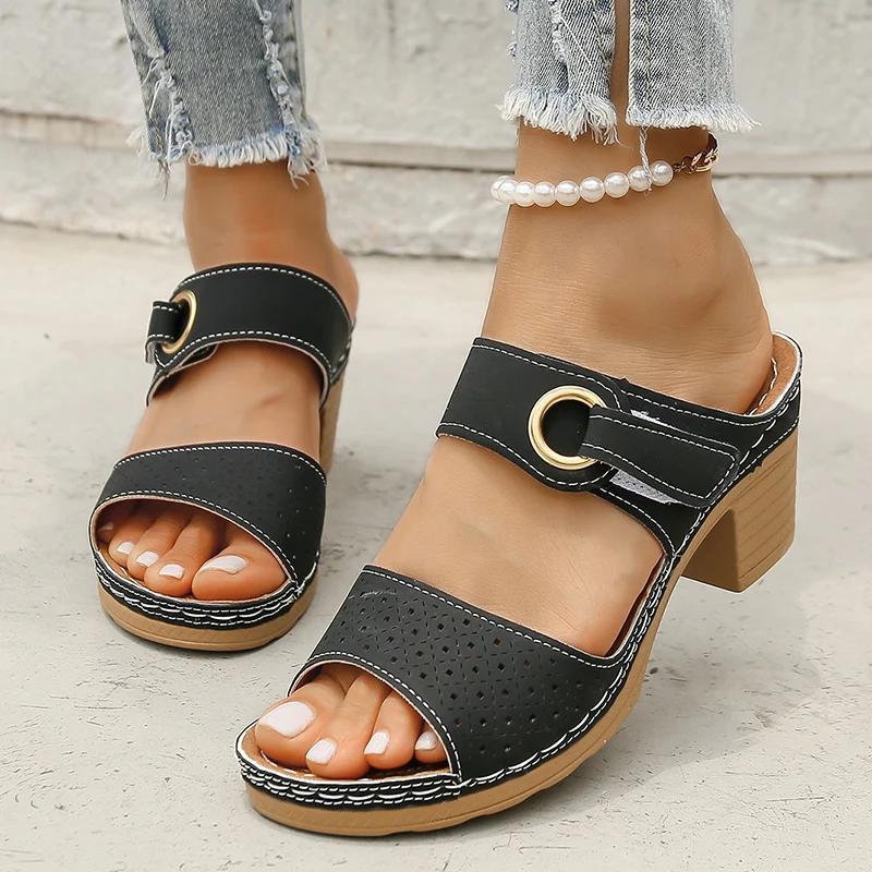 Fashion Hook Loop Thick High Heel Sandals Women Hollow Out Summer Beach Sandles Woman Plus Size Anti-Slip Platform Sandalias De Mujer