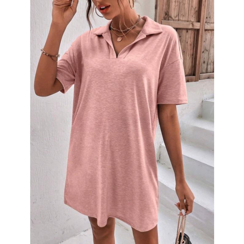 YYFS Women's Fashion Summer Spring Solid Color Print Short Sleeve POLO Neck Loose Waistline Casual Dresses