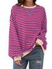 2026 Striped Floral Round Neck Spring Long Sleeve Color Block Pullover T-shirt