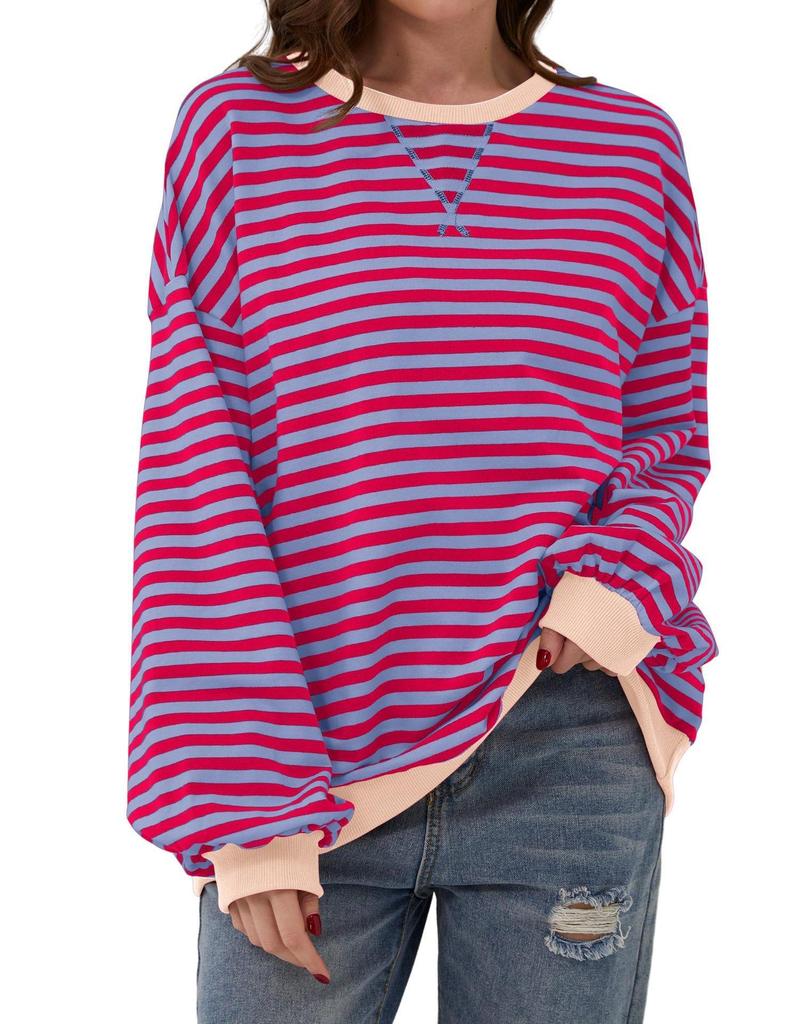 2026 Striped Floral Round Neck Spring Long Sleeve Color Block Pullover T-shirt